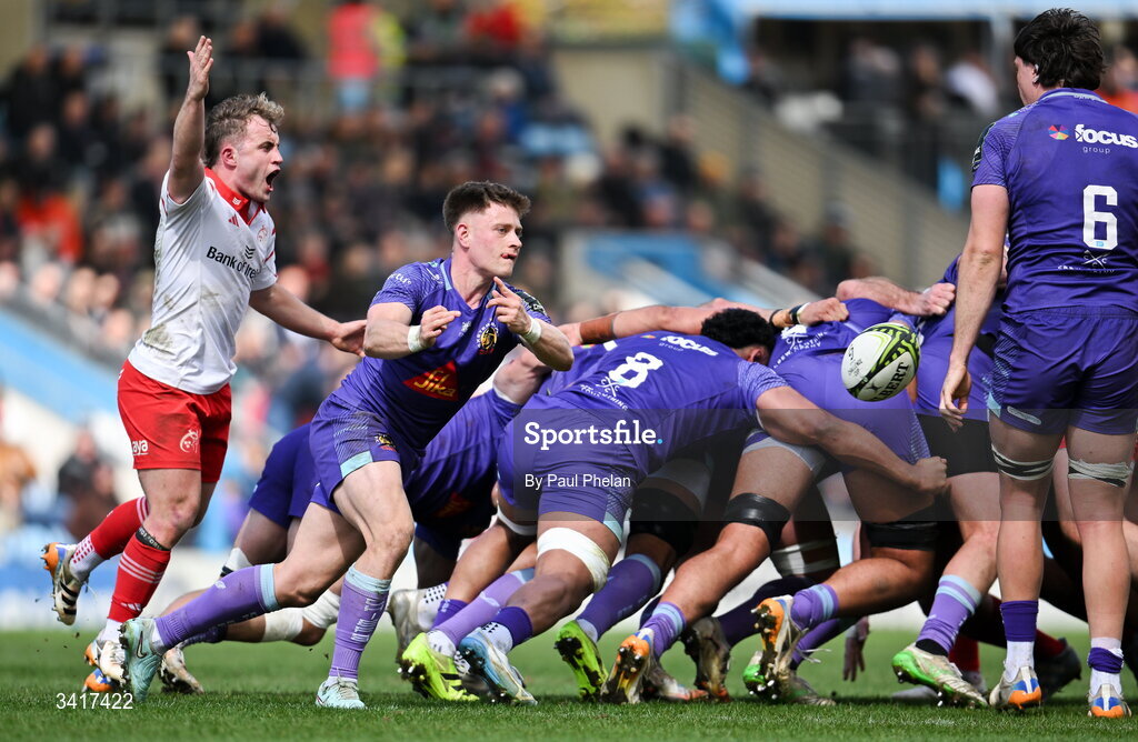 4 April 2026; Craig Casey of Munster Rugby protests as Steve Varney of Exeter Chiefs passes the ball from a scrum during the EPCR Challenge Cup match between Exeter Chiefs and Munster at Sandy Park in Exeter, England. Photo by Paul Phelan/Sportsfile