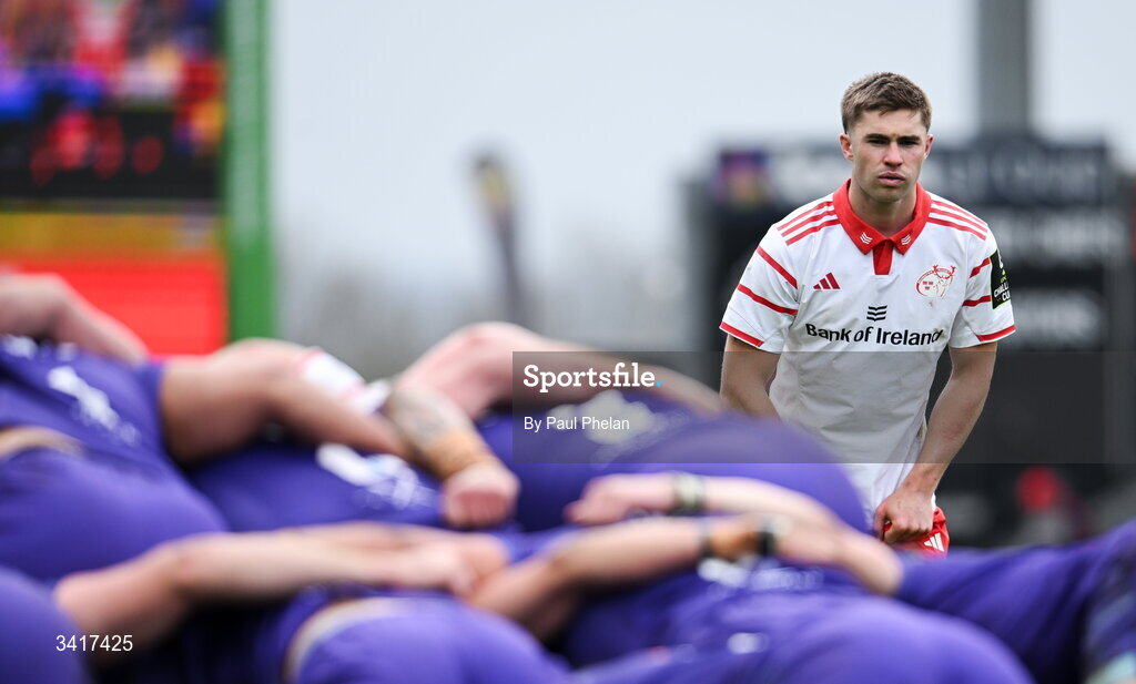 4 April 2026; Jack Crowley of Munster Rugby during the EPCR Challenge Cup match between Exeter Chiefs and Munster at Sandy Park in Exeter, England. Photo by Paul Phelan/Sportsfile