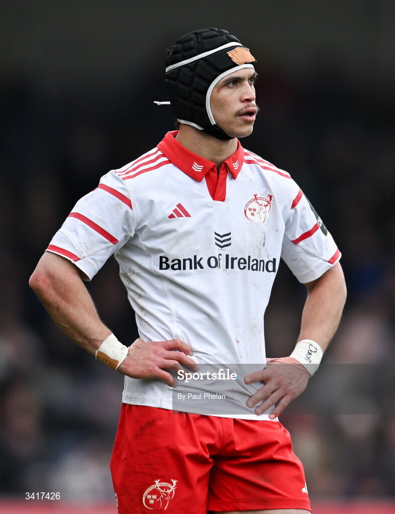4 April 2026; Thaakir Abrahams of Munster Rugby during the EPCR Challenge Cup match between Exeter Chiefs and Munster at Sandy Park in Exeter, England. Photo by Paul Phelan/Sportsfile