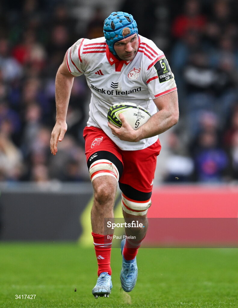 4 April 2026; Tadhg Beirne of Munster Rugby during the EPCR Challenge Cup match between Exeter Chiefs and Munster at Sandy Park in Exeter, England. Photo by Paul Phelan/Sportsfile