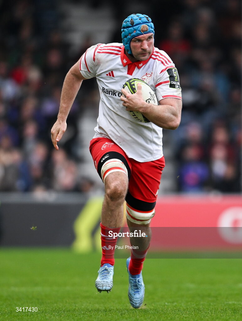 4 April 2026; Tadhg Beirne of Munster Rugby during the EPCR Challenge Cup match between Exeter Chiefs and Munster at Sandy Park in Exeter, England. Photo by Paul Phelan/Sportsfile
