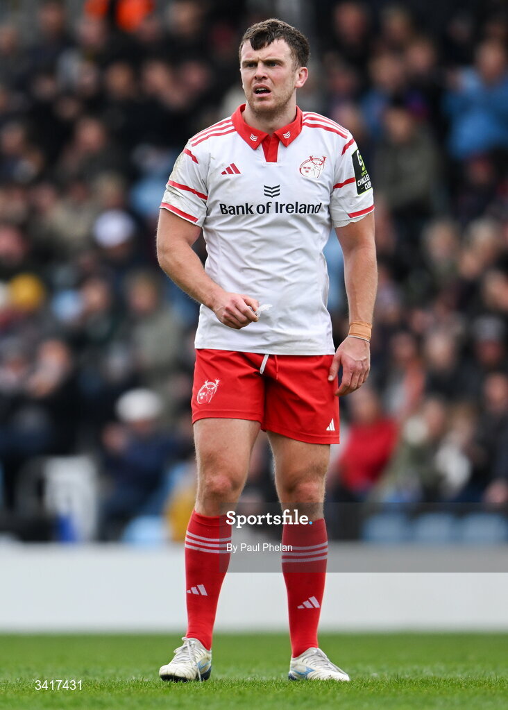 4 April 2026; Tom Farrell of Munster Rugby during the EPCR Challenge Cup match between Exeter Chiefs and Munster at Sandy Park in Exeter, England. Photo by Paul Phelan/Sportsfile