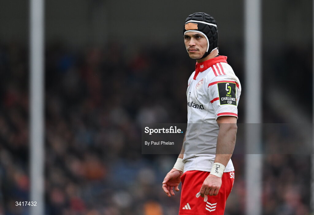 4 April 2026; Thaakir Abrahams of Munster Rugby during the EPCR Challenge Cup match between Exeter Chiefs and Munster at Sandy Park in Exeter, England. Photo by Paul Phelan/Sportsfile