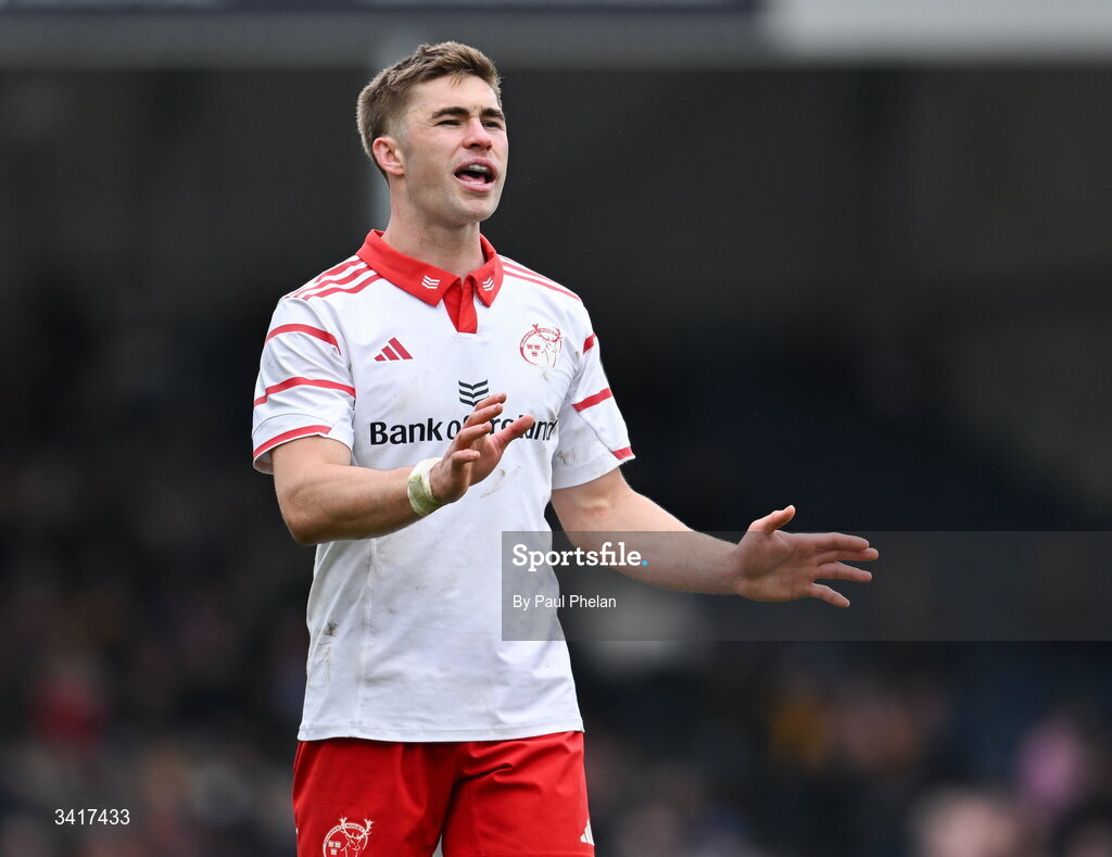 4 April 2026; Jack Crowley of Munster Rugby during the EPCR Challenge Cup match between Exeter Chiefs and Munster at Sandy Park in Exeter, England. Photo by Paul Phelan/Sportsfile