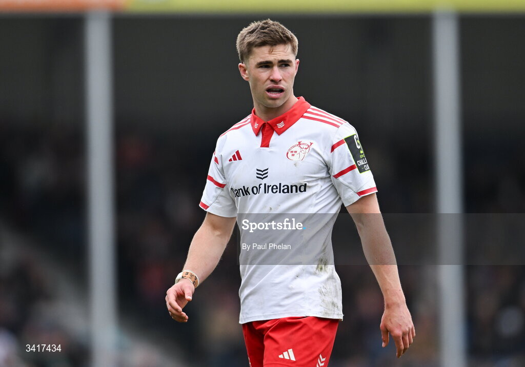 4 April 2026; Jack Crowley of Munster Rugby during the EPCR Challenge Cup match between Exeter Chiefs and Munster at Sandy Park in Exeter, England. Photo by Paul Phelan/Sportsfile