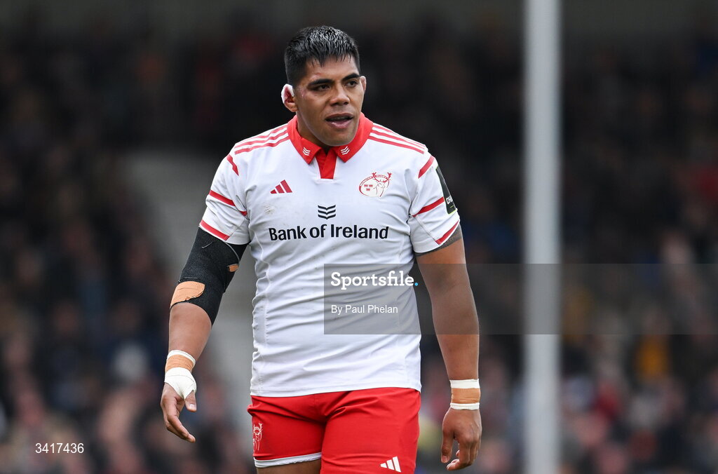 4 April 2026; Michael Ala'alatoa of Munster Rugby during the EPCR Challenge Cup match between Exeter Chiefs and Munster at Sandy Park in Exeter, England. Photo by Paul Phelan/Sportsfile