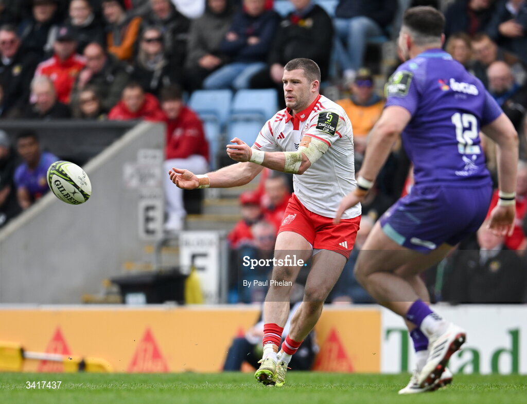 4 April 2026; Diarmuid Kilgallen of Munster Rugby passes the ball during the EPCR Challenge Cup match between Exeter Chiefs and Munster at Sandy Park in Exeter, England. Photo by Paul Phelan/Sportsfile