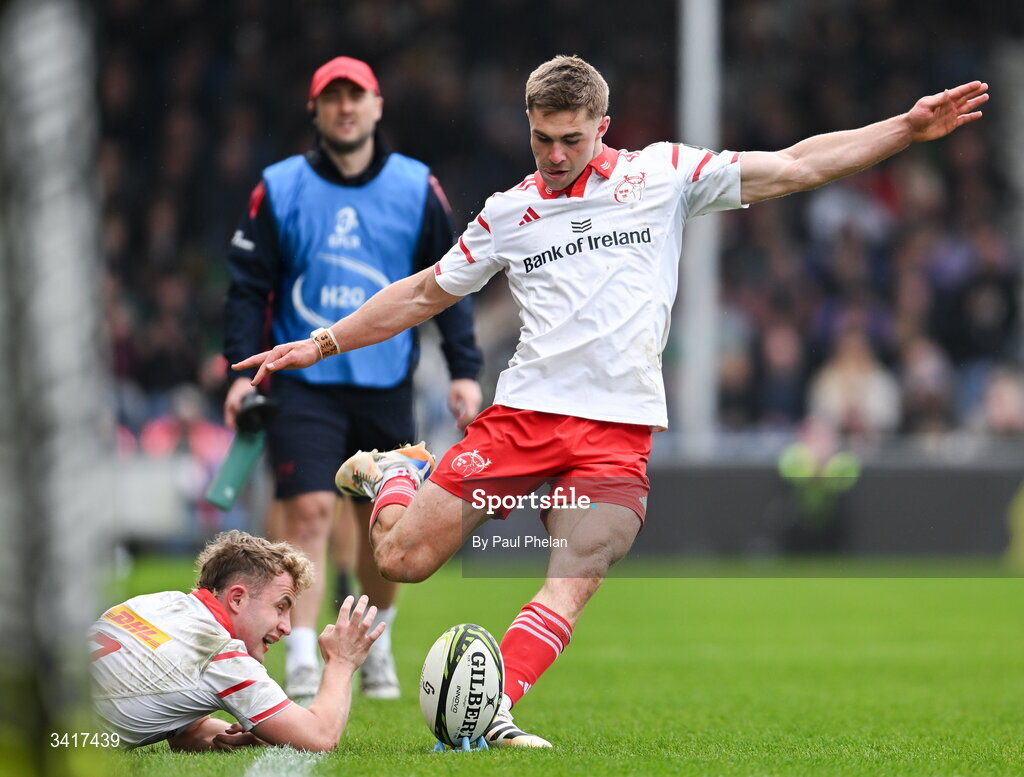 4 April 2026; Jack Crowley of Munster Rugby kicks a conversion during the EPCR Challenge Cup match between Exeter Chiefs and Munster at Sandy Park in Exeter, England. Photo by Paul Phelan/Sportsfile