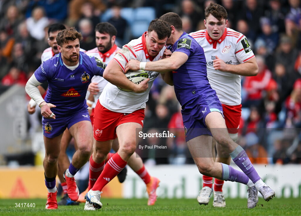 4 April 2026; Tom Farrell of Munster Rugby is tackled by Harvey Skinner of Exeter Chiefs during the EPCR Challenge Cup match between Exeter Chiefs and Munster at Sandy Park in Exeter, England. Photo by Paul Phelan/Sportsfile