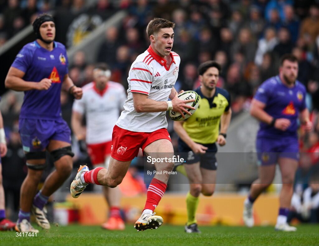 4 April 2026; Jack Crowley of Munster Rugby on his way to scoring his sides third try during the EPCR Challenge Cup match between Exeter Chiefs and Munster at Sandy Park in Exeter, England. Photo by Paul Phelan/Sportsfile