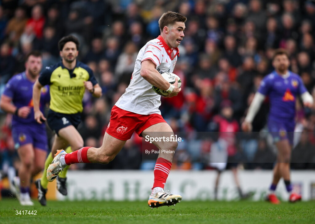 4 April 2026; Jack Crowley of Munster Rugby on his way to scoring his sides third try during the EPCR Challenge Cup match between Exeter Chiefs and Munster at Sandy Park in Exeter, England. Photo by Paul Phelan/Sportsfile