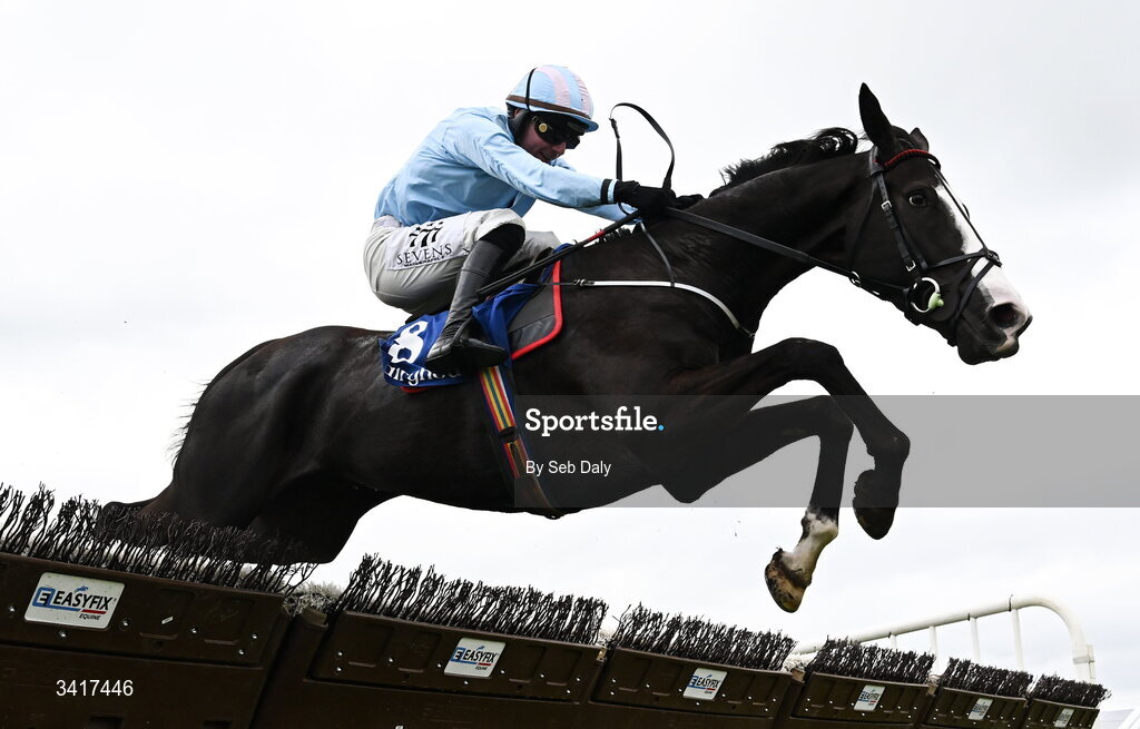 6 April 2026; Jet To Monte Carlo, with Donagh Meyler up, jumps the last on their way to winning the Farmhouse Foods Novice Handicap Hurdle during day three of the Fairyhouse Easter Festival at Fairyhouse Racecourse in Ratoath, Meath. Photo by Seb Daly/Sportsfile
