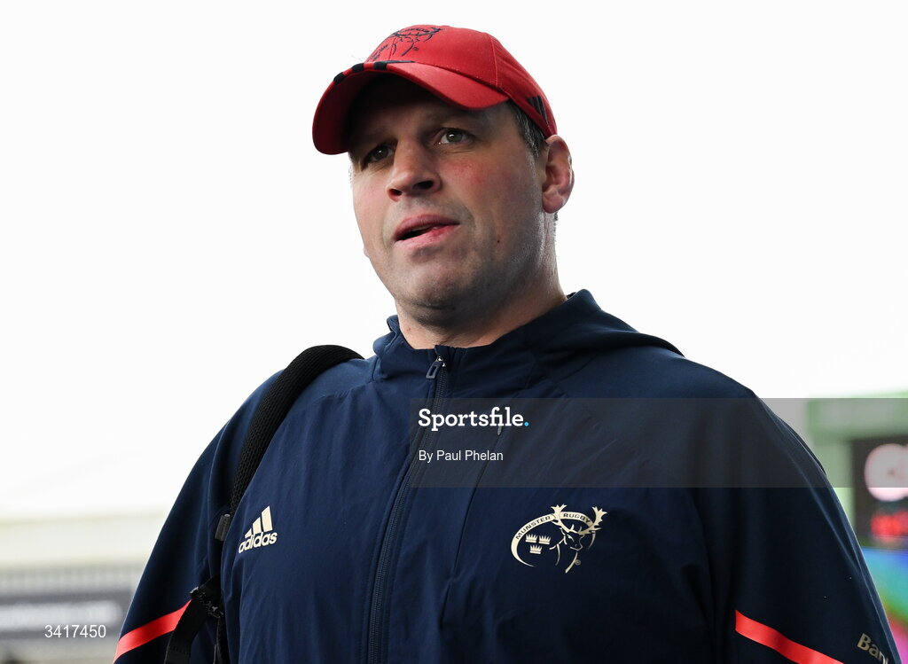 4 April 2026; Munster defence coach Denis Leamy before the EPCR Challenge Cup match between Exeter Chiefs and Munster at Sandy Park in Exeter, England. Photo by Paul Phelan/Sportsfile