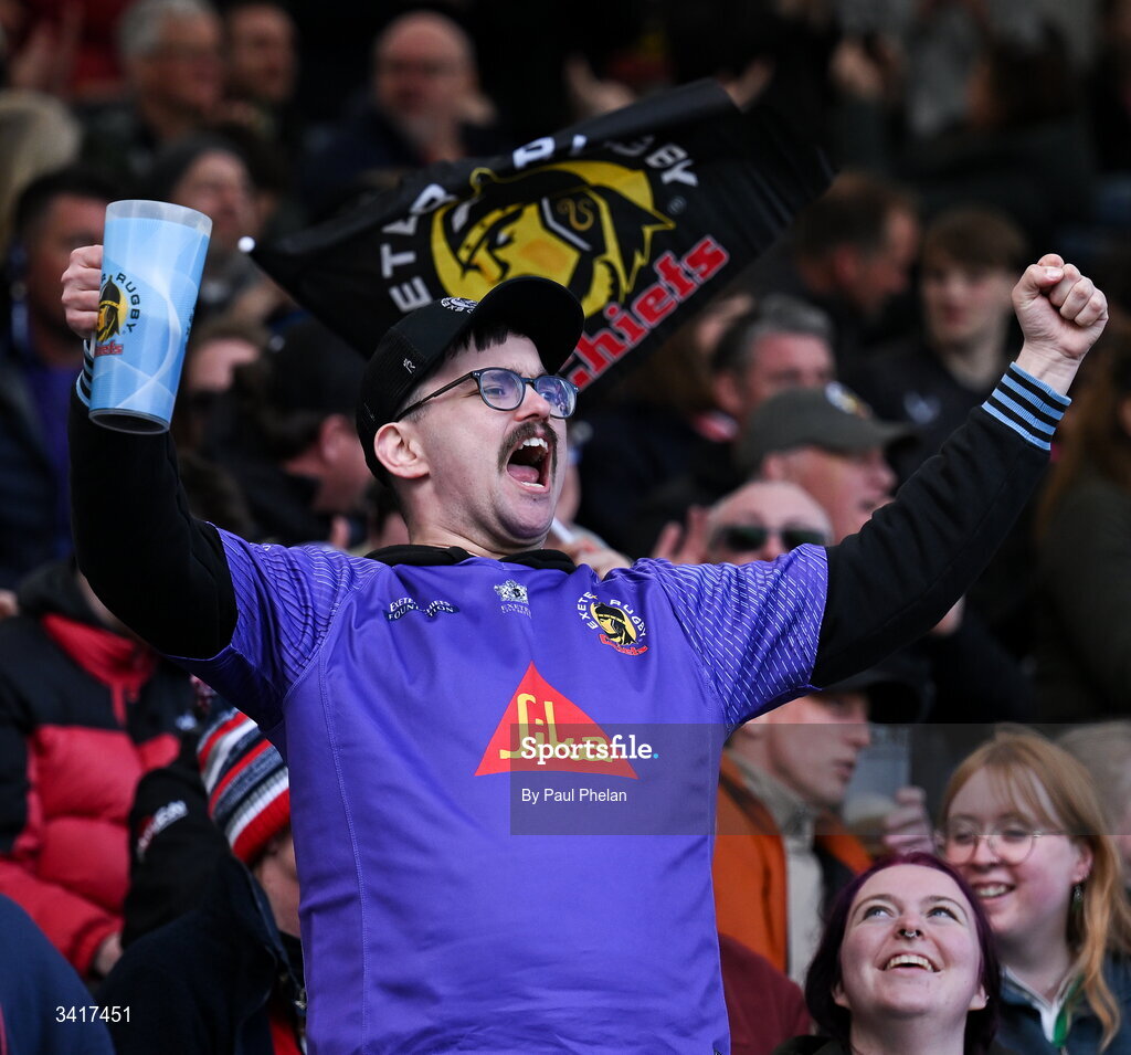 4 April 2026; An Exeter fan celebrates during the EPCR Challenge Cup match between Exeter Chiefs and Munster at Sandy Park in Exeter, England. Photo by Paul Phelan/Sportsfile