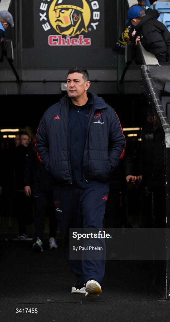 4 April 2026; Munster head coach Clayton McMillan before the EPCR Challenge Cup match between Exeter Chiefs and Munster at Sandy Park in Exeter, England. Photo by Paul Phelan/Sportsfile