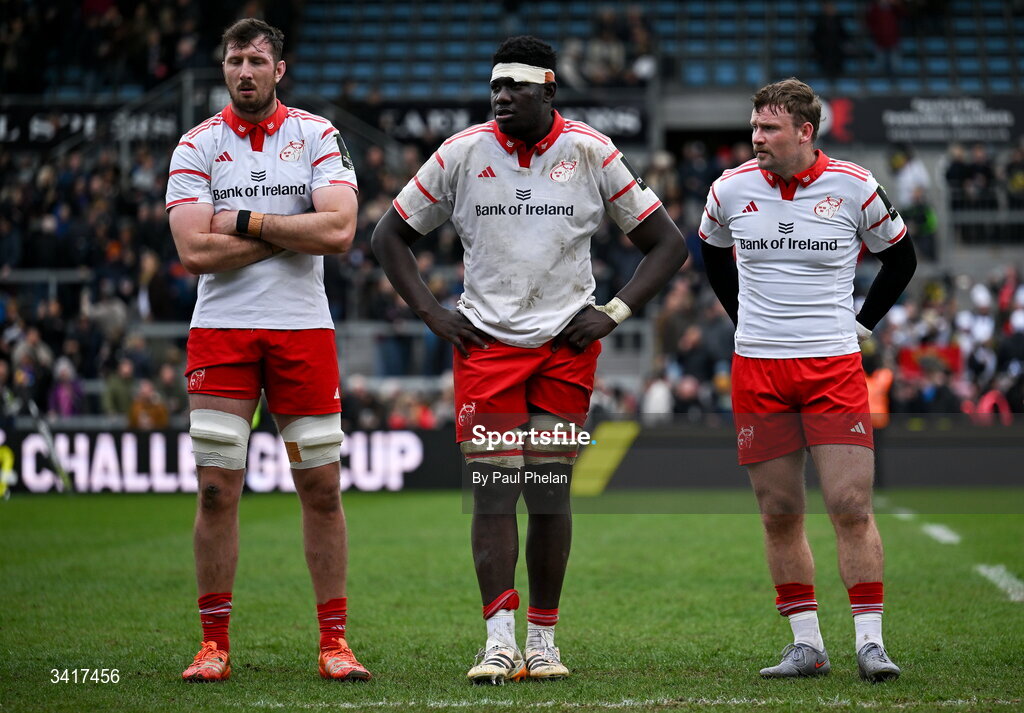 4 April 2026; Tom Ahern, Edwin Edogbo and Sean O'Brien of Munster Rugby react after the EPCR Challenge Cup match between Exeter Chiefs and Munster at Sandy Park in Exeter, England. Photo by Paul Phelan/Sportsfile