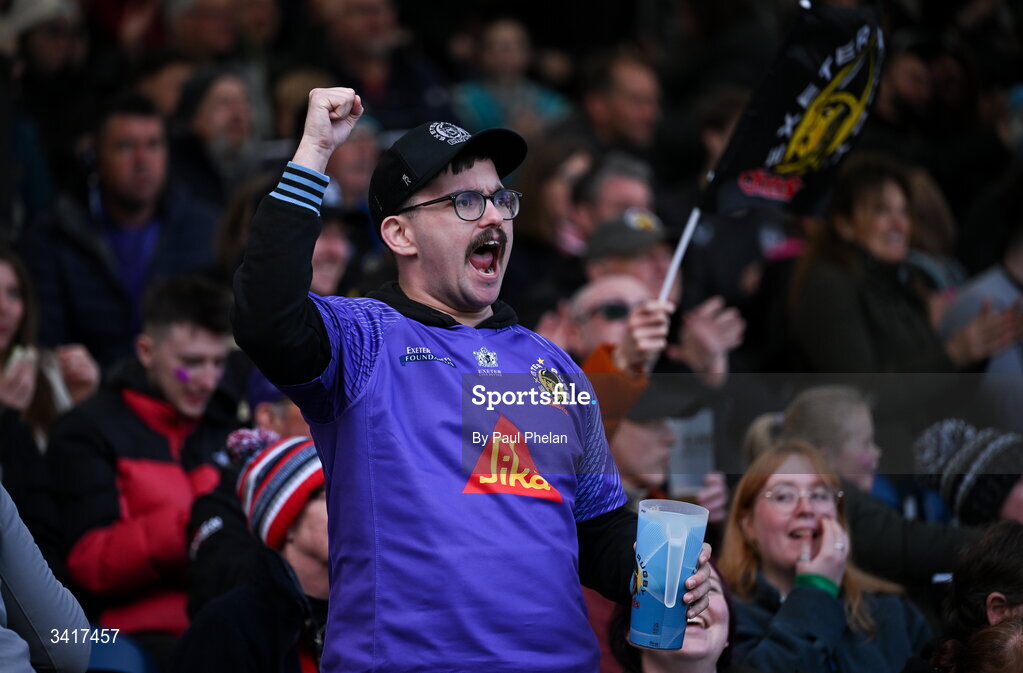 4 April 2026; An Exeter fan celebrates during the EPCR Challenge Cup match between Exeter Chiefs and Munster at Sandy Park in Exeter, England. Photo by Paul Phelan/Sportsfile