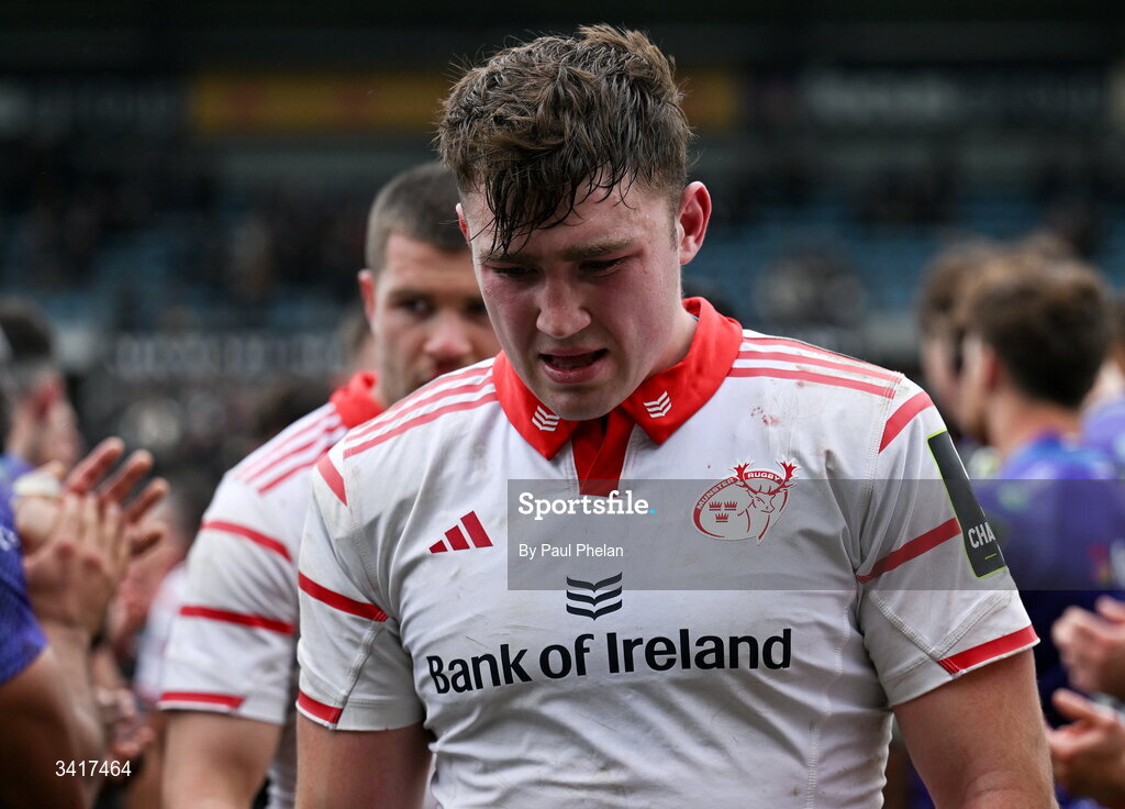 4 April 2026; Ruadhan Quinn of Munster Rugby reacts after the EPCR Challenge Cup match between Exeter Chiefs and Munster at Sandy Park in Exeter, England. Photo by Paul Phelan/Sportsfile