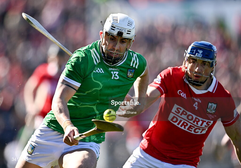 5 April 2026; Aaron Gillane of Limerick and Seán O'Donoghue of Cork during the Allianz Hurling League Division 1A final match between Limerick and Cork at TUS Gaelic Grounds in Limerick. Photo by Ben McShane/Sportsfile