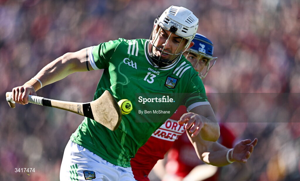 5 April 2026; Aaron Gillane of Limerick and Seán O'Donoghue of Cork during the Allianz Hurling League Division 1A final match between Limerick and Cork at TUS Gaelic Grounds in Limerick. Photo by Ben McShane/Sportsfile