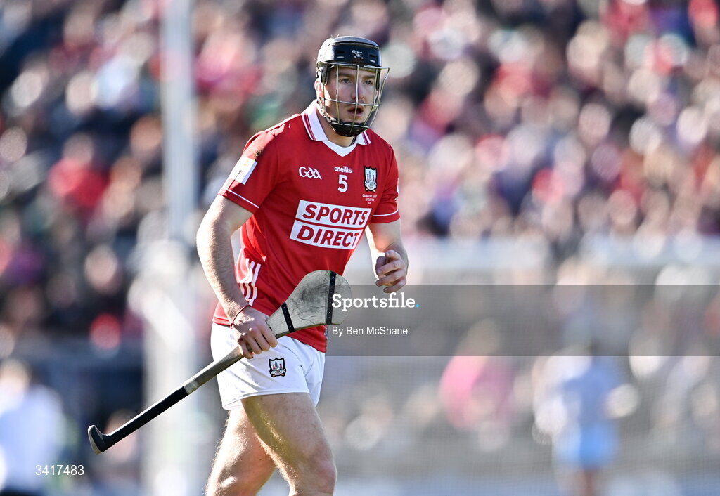 5 April 2026; Eoin Downey of Cork during the Allianz Hurling League Division 1A final match between Limerick and Cork at TUS Gaelic Grounds in Limerick. Photo by Ben McShane/Sportsfile
