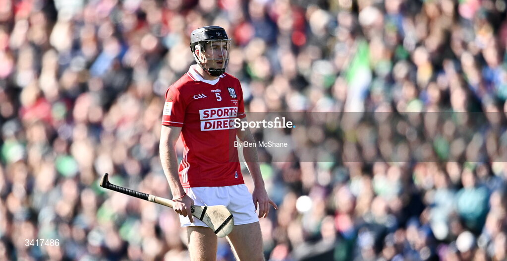5 April 2026; Eoin Downey of Cork during the Allianz Hurling League Division 1A final match between Limerick and Cork at TUS Gaelic Grounds in Limerick. Photo by Ben McShane/Sportsfile