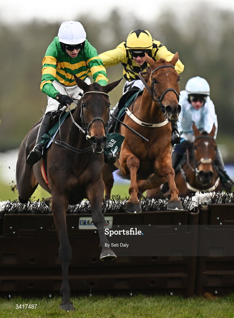 6 April 2026; Proactif, left, with Mark Walsh up, jumps the last on their way to winning the O'Driscoll's Irish Whiskey Juvenile Hurdle during day three of the Fairyhouse Easter Festival at Fairyhouse Racecourse in Ratoath, Meath. Photo by Seb Daly/Sportsfile