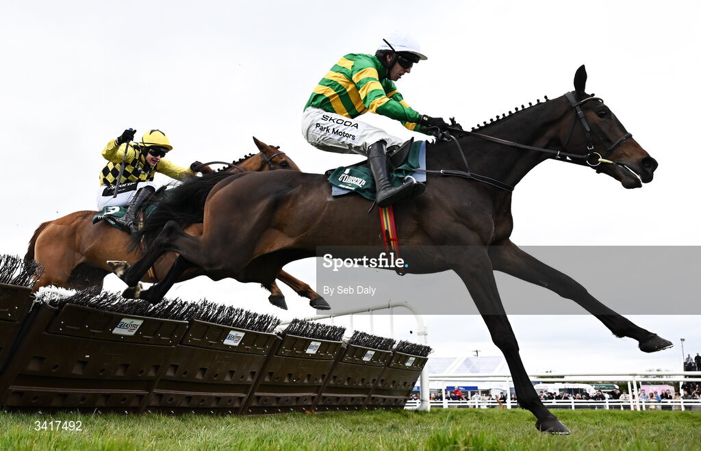 6 April 2026; Proactif, with Mark Walsh up, jumps the last on their way to winning the O'Driscoll's Irish Whiskey Juvenile Hurdle during day three of the Fairyhouse Easter Festival at Fairyhouse Racecourse in Ratoath, Meath. Photo by Seb Daly/Sportsfile