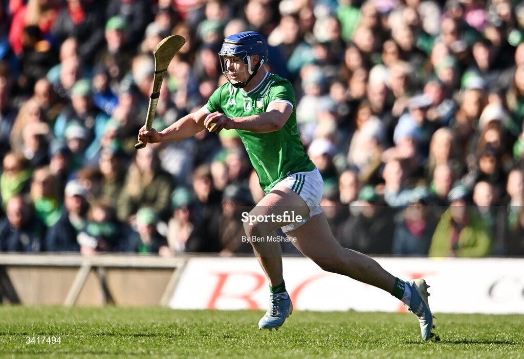 5 April 2026; Shane O'Brien of Limerick during the Allianz Hurling League Division 1A final match between Limerick and Cork at TUS Gaelic Grounds in Limerick. Photo by Ben McShane/Sportsfile