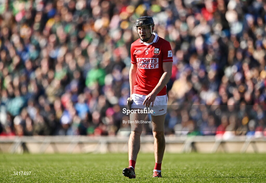 5 April 2026; Eoin Downey of Cork during the Allianz Hurling League Division 1A final match between Limerick and Cork at TUS Gaelic Grounds in Limerick. Photo by Ben McShane/Sportsfile