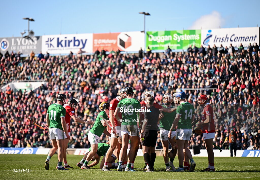 5 April 2026; Players of both sides tussle during the Allianz Hurling League Division 1A final match between Limerick and Cork at TUS Gaelic Grounds in Limerick. Photo by Ben McShane/Sportsfile