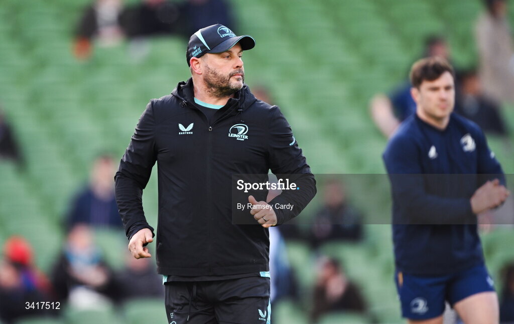 5 April 2026; Leinster provincial kicking coach Emmet Farrell before the Investec Champions Cup match between Leinster and Edinburgh at the Aviva Stadium in Dublin. Photo by Ramsey Cardy/Sportsfile