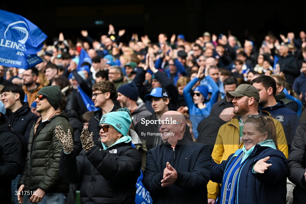 5 April 2026; Leinster supporters during the Investec Champions Cup match between Leinster and Edinburgh at the Aviva Stadium in Dublin. Photo by Ramsey Cardy/Sportsfile