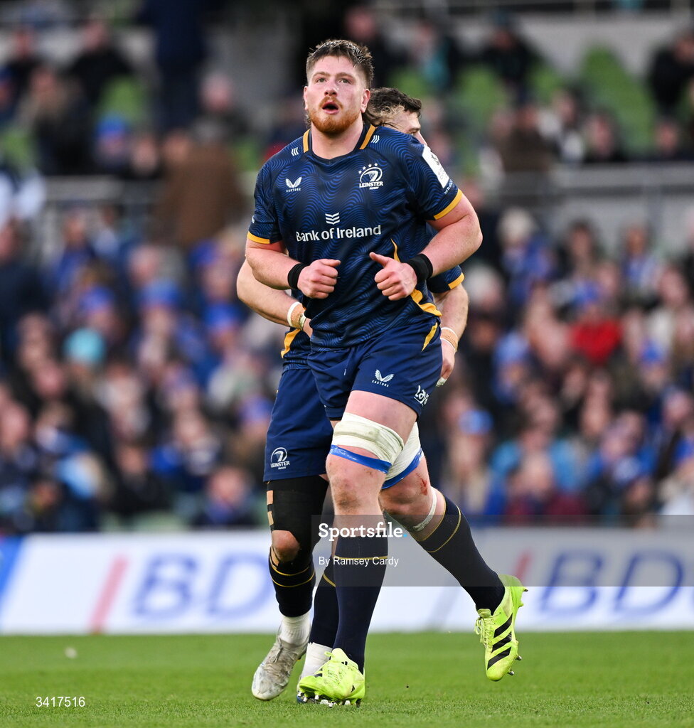 5 April 2026; Joe McCarthy of Leinster during the Investec Champions Cup match between Leinster and Edinburgh at the Aviva Stadium in Dublin. Photo by Ramsey Cardy/Sportsfile