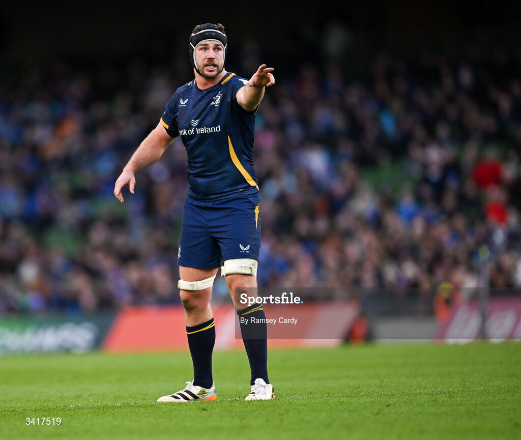 5 April 2026; Caelan Doris of Leinster during the Investec Champions Cup match between Leinster and Edinburgh at the Aviva Stadium in Dublin. Photo by Ramsey Cardy/Sportsfile