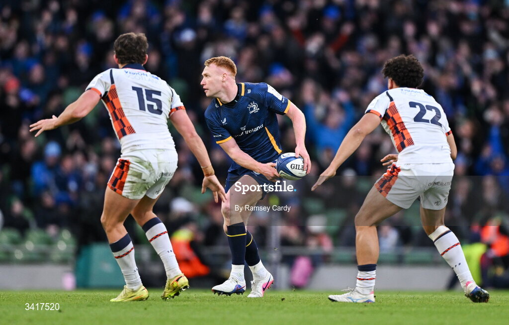 5 April 2026; Ciarán Frawley of Leinster during the Investec Champions Cup match between Leinster and Edinburgh at the Aviva Stadium in Dublin. Photo by Ramsey Cardy/Sportsfile