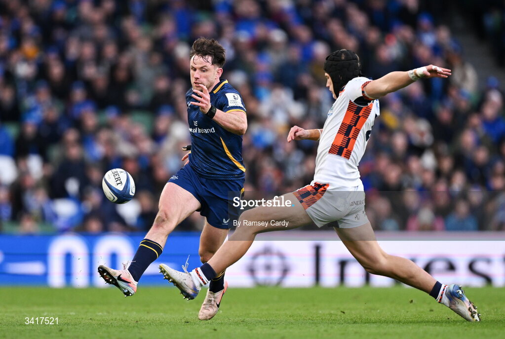 5 April 2026; Hugo Keenan of Leinster during the Investec Champions Cup match between Leinster and Edinburgh at the Aviva Stadium in Dublin. Photo by Ramsey Cardy/Sportsfile