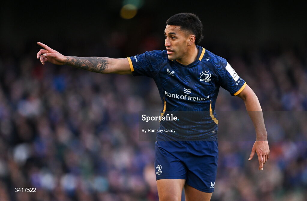 5 April 2026; Rieko Ioane of Leinster during the Investec Champions Cup match between Leinster and Edinburgh at the Aviva Stadium in Dublin. Photo by Ramsey Cardy/Sportsfile