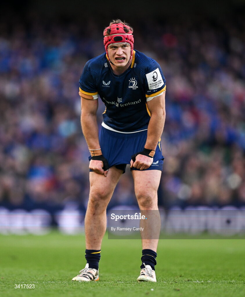 5 April 2026; Josh van der Flier of Leinster during the Investec Champions Cup match between Leinster and Edinburgh at the Aviva Stadium in Dublin. Photo by Ramsey Cardy/Sportsfile