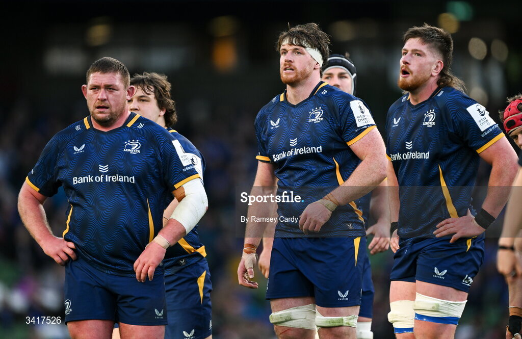 5 April 2026; Leinster players, from left, Tadhg Furlong, Ryan Baird and Joe McCarthy during the Investec Champions Cup match between Leinster and Edinburgh at the Aviva Stadium in Dublin. Photo by Ramsey Cardy/Sportsfile