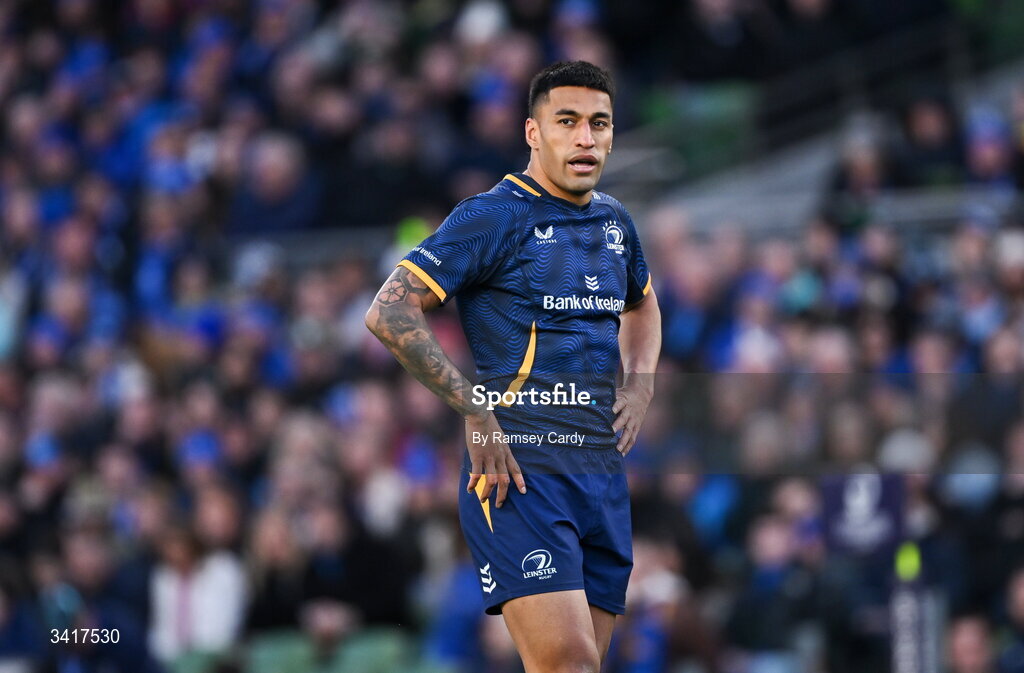 5 April 2026; Rieko Ioane of Leinster during the Investec Champions Cup match between Leinster and Edinburgh at the Aviva Stadium in Dublin. Photo by Ramsey Cardy/Sportsfile