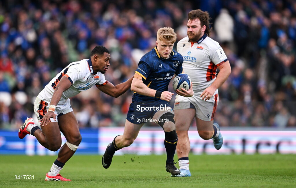5 April 2026; Tommy O'Brien of Leinster is tackled by Malelili Satala of Edinburgh during the Investec Champions Cup match between Leinster and Edinburgh at the Aviva Stadium in Dublin. Photo by Ramsey Cardy/Sportsfile