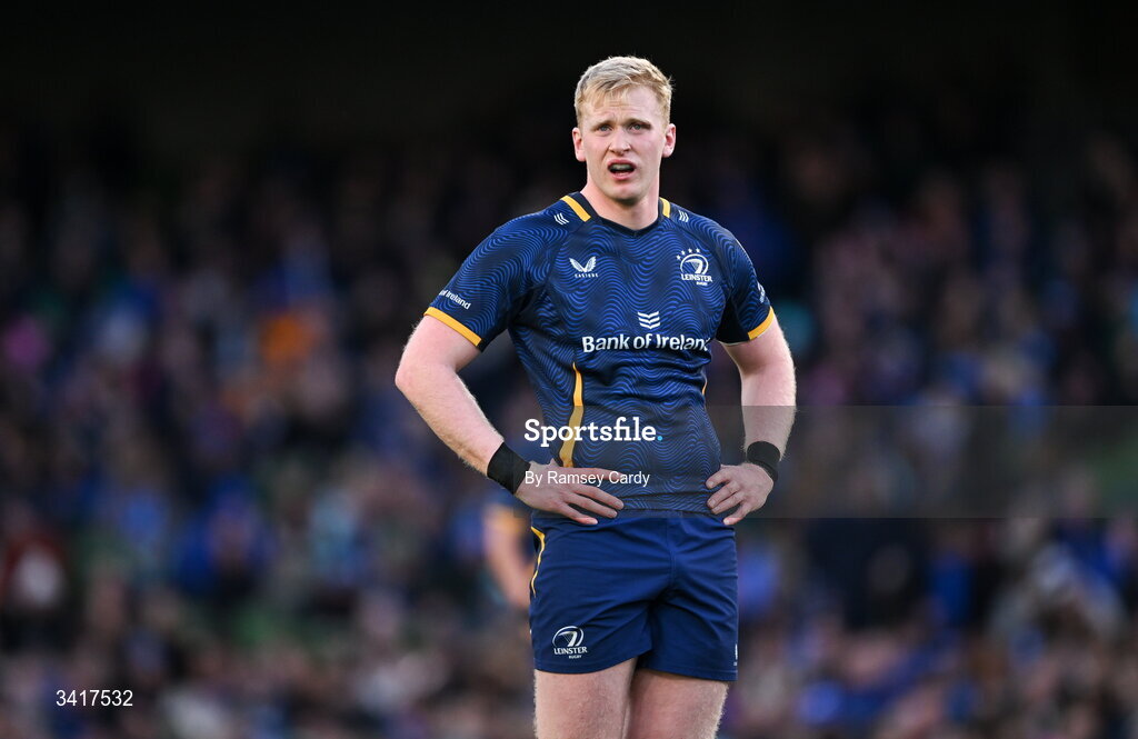 5 April 2026; Jamie Osborne of Leinster during the Investec Champions Cup match between Leinster and Edinburgh at the Aviva Stadium in Dublin. Photo by Ramsey Cardy/Sportsfile