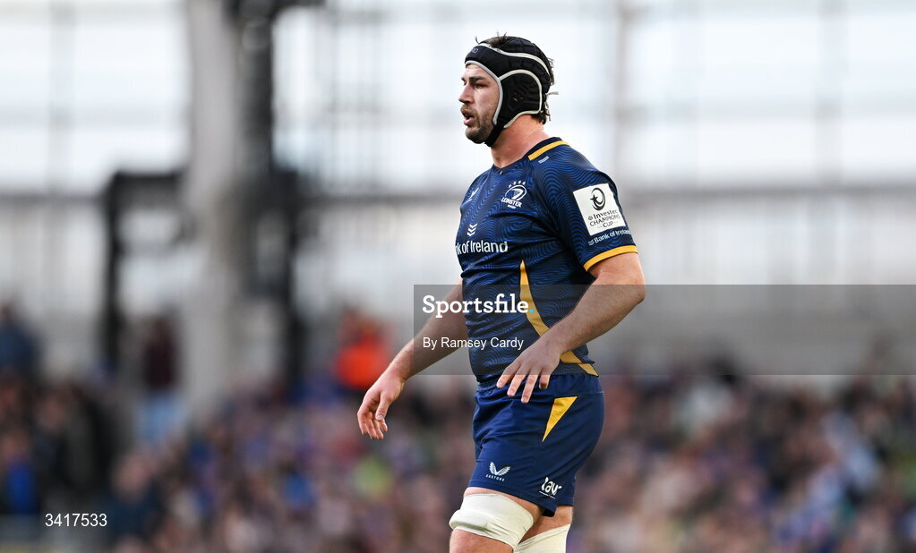 5 April 2026; Caelan Doris of Leinster during the Investec Champions Cup match between Leinster and Edinburgh at the Aviva Stadium in Dublin. Photo by Ramsey Cardy/Sportsfile