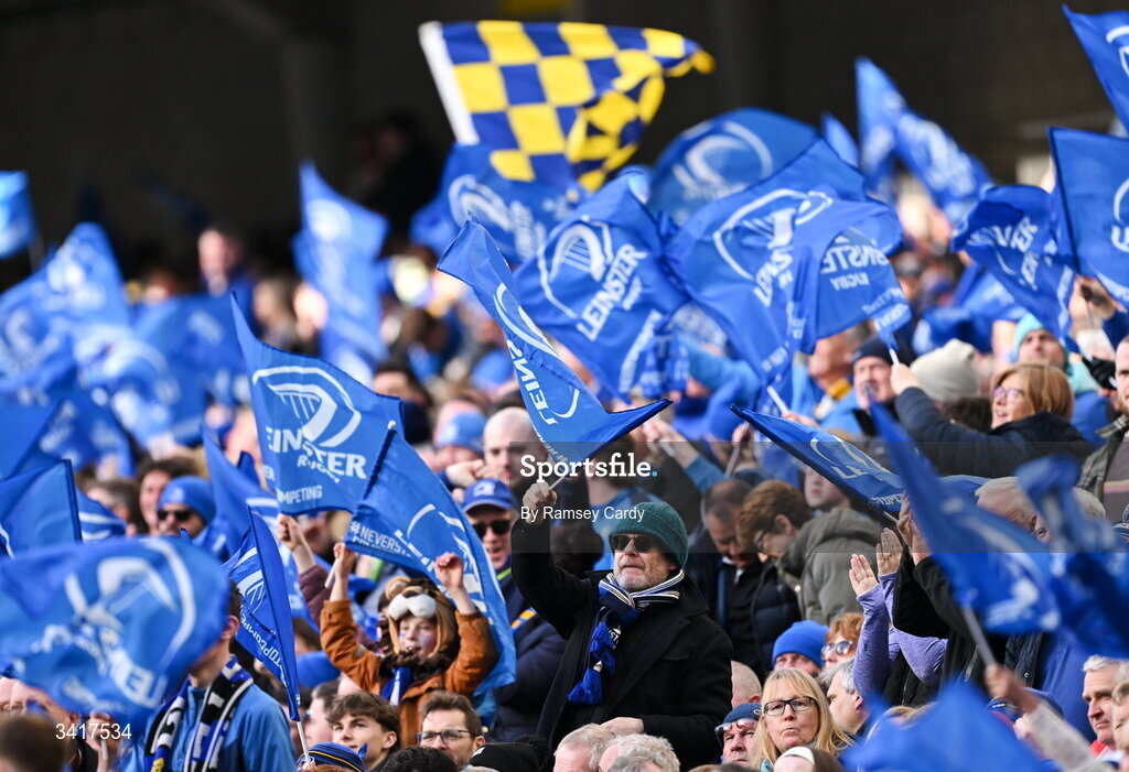 5 April 2026; Leinster supporters during the Investec Champions Cup match between Leinster and Edinburgh at the Aviva Stadium in Dublin. Photo by Ramsey Cardy/Sportsfile
