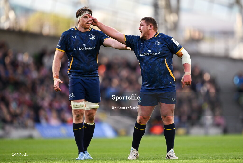 5 April 2026; Tadhg Furlong, right, and Ryan Baird of Leinster during the Investec Champions Cup match between Leinster and Edinburgh at the Aviva Stadium in Dublin. Photo by Ramsey Cardy/Sportsfile