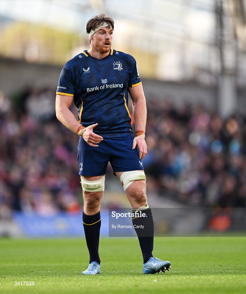 5 April 2026; Ryan Baird of Leinster during the Investec Champions Cup match between Leinster and Edinburgh at the Aviva Stadium in Dublin. Photo by Ramsey Cardy/Sportsfile