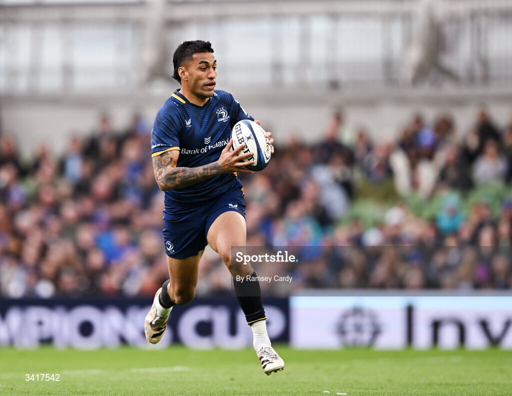 5 April 2026; Rieko Ioane of Leinster during the Investec Champions Cup match between Leinster and Edinburgh at the Aviva Stadium in Dublin. Photo by Ramsey Cardy/Sportsfile