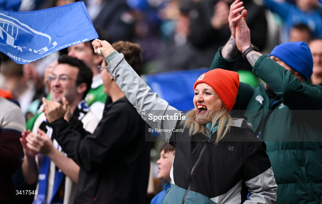 5 April 2026; Leinster supporters during the Investec Champions Cup match between Leinster and Edinburgh at the Aviva Stadium in Dublin. Photo by Ramsey Cardy/Sportsfile