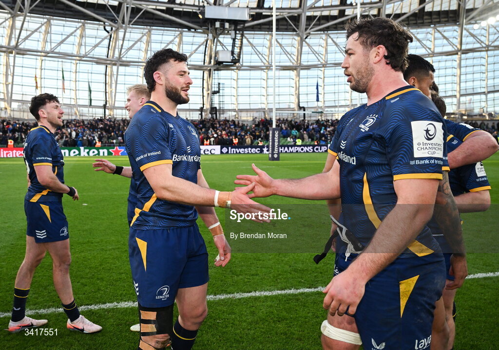 5 April 2026; Robbie Henshaw, left, and Caelan Doris of Leinster after the Investec Champions Cup match between Leinster and Edinburgh at the Aviva Stadium in Dublin. Photo by Brendan Moran/Sportsfile
